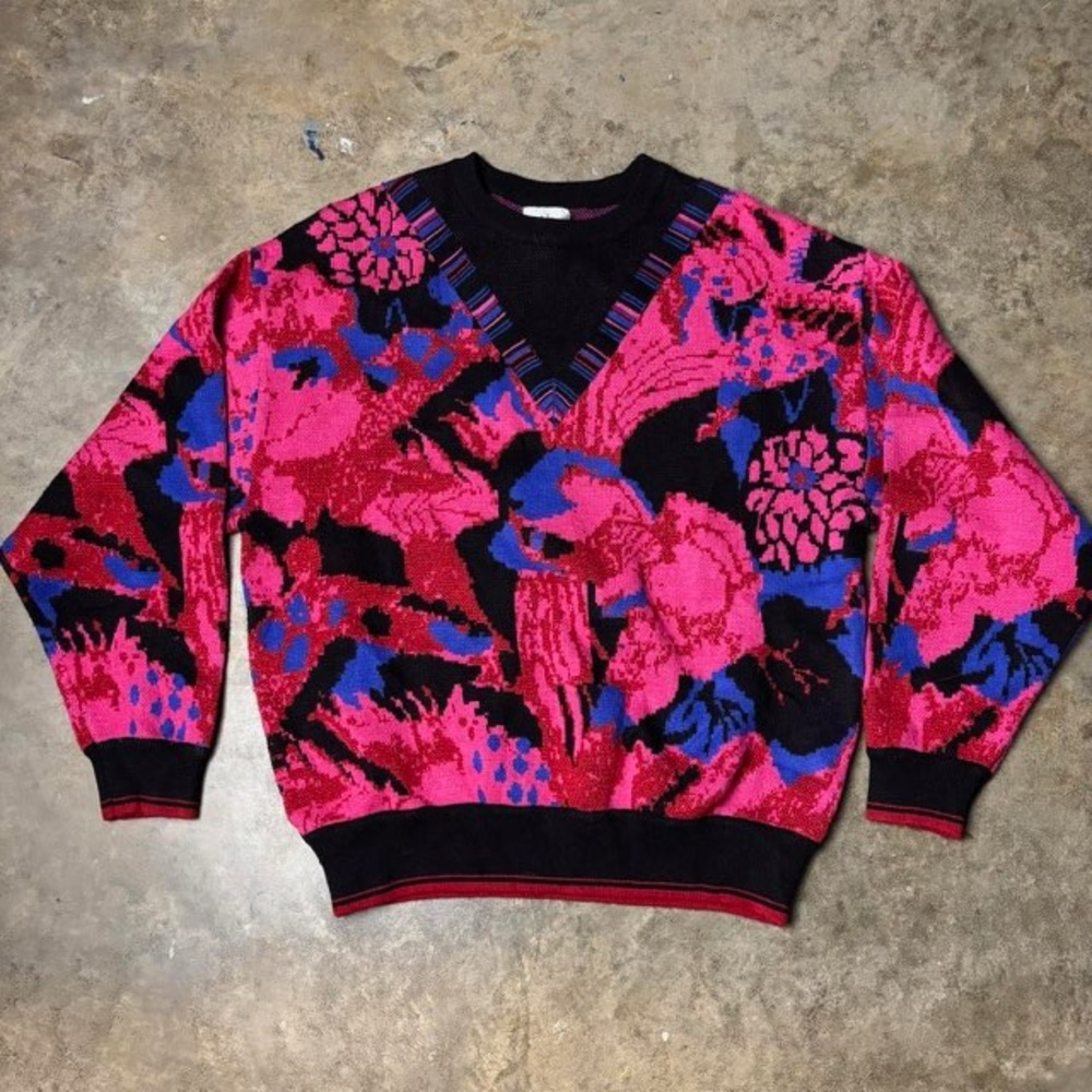 Lili Sidonion Floral Knitted Grandma Sweater Pink Black Womens Medium